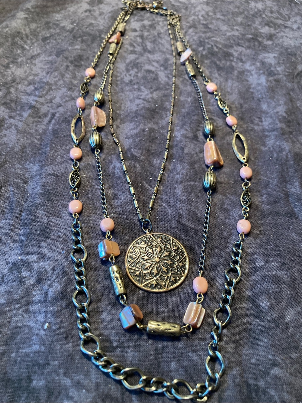 Layered Antique Look Gunmetal Necklace with Pink Beads & Medallion